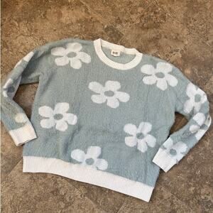 BiBi Green Daisy Knit crewneck pullover floral sweater, women's size L